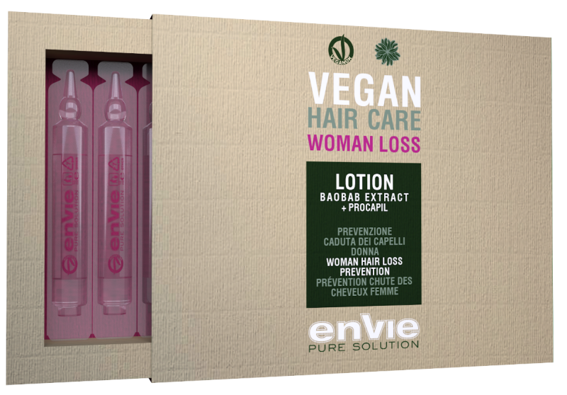 ENVIE Vegan Lotion Baobab Extract + Procapil. Sieviešu losjons pret matu izkrišanu. Satur baobaba ekstraktu un prokapilu. 8 ampulas x 10 ml.