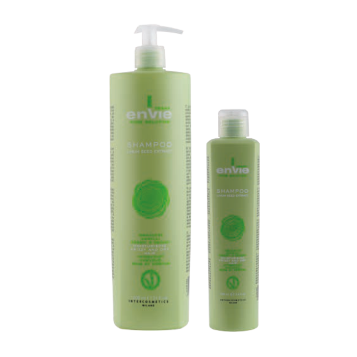 ENVIE Vegan Shampoo Linum Seed Extract. Mitrinošs šampūns cirtainiem un sausiem matiem. Satur linu sēklu ekstraktu.