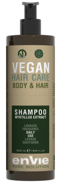 ENVIE Vegan Shampoo Myrtilus Extract. Relaksējošs matu un ķermeņa šampūns biežai mazgāšanai. Ar melleņu ekstraktu. 500 ml.