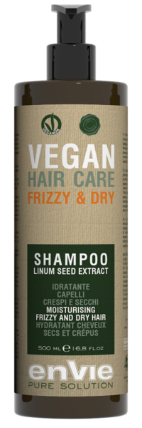 ENVIE Vegan Shampoo Linum Seed Extract. Mitrinošs šampūns cirtainiem un sausiem matiem. Satur linu sēklu ekstraktu. 500 ml.