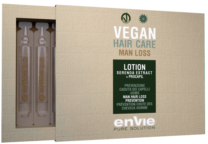 ENVIE Vegan Lotion Serenoa Extract + Procapil. Vīriešu losjons pret matu izkrišanu. Satur sereno ekstraktu un prokapilu. 8 ampulas x 10 ml.