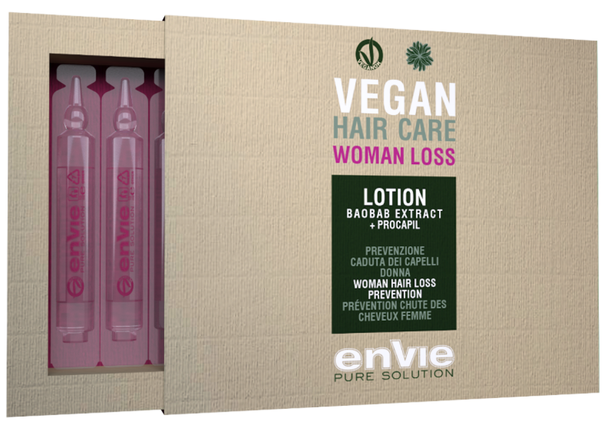 ENVIE Vegan Lotion Baobab Extract + Procapil. Sieviešu losjons pret matu izkrišanu. Satur baobaba ekstraktu un prokapilu. 8 ampulas x 10 ml.